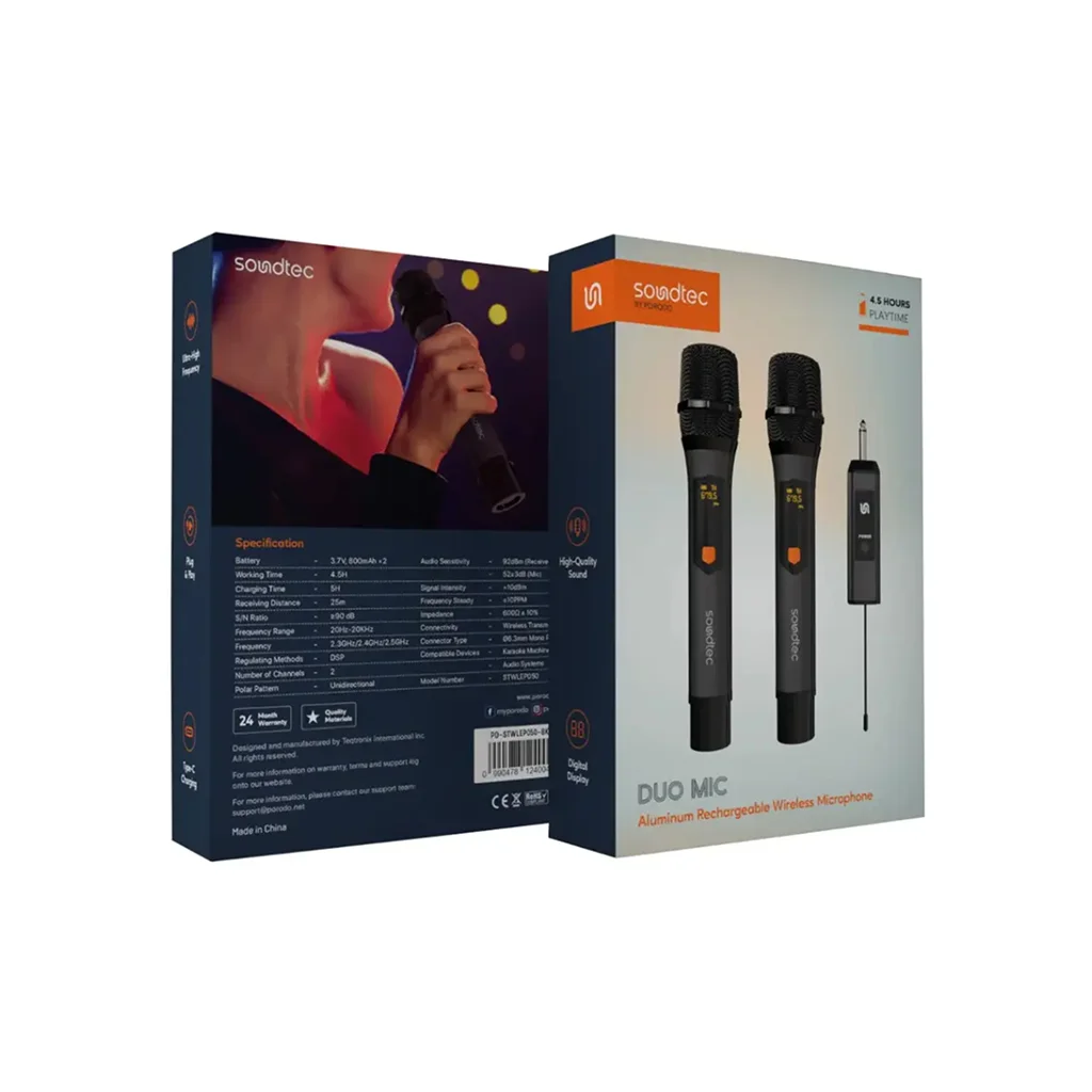 Porodo Soundtec Duo Mic Aluminum Rechargeable Wireless Microphone