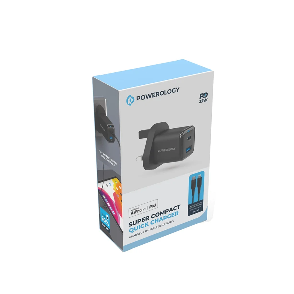 Powerology 35W PD QC 1xUSB-C 35W and 1xUSB-A 18W GaN Charger UK -with Type C to C Cable 60W