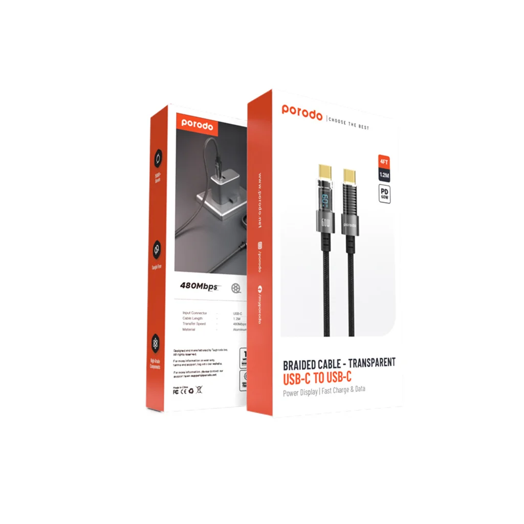 Porodo 60W USB-C to C Braided Cable with PD Display