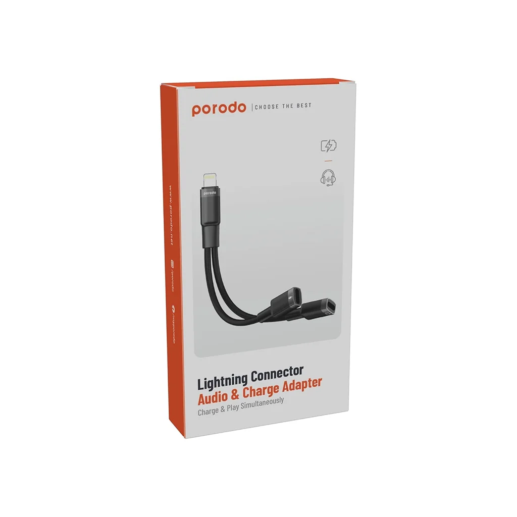 Porodo 2 in 1 Lightning to 2 Lightning Jack Headphone and Charging Converter Adapter