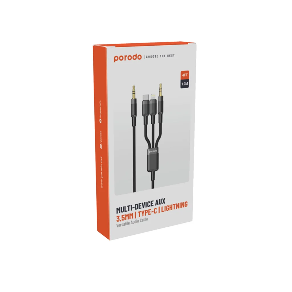 Porodo 3 in 1 Aux 3.5 to 3.5+C+Lightning Cable