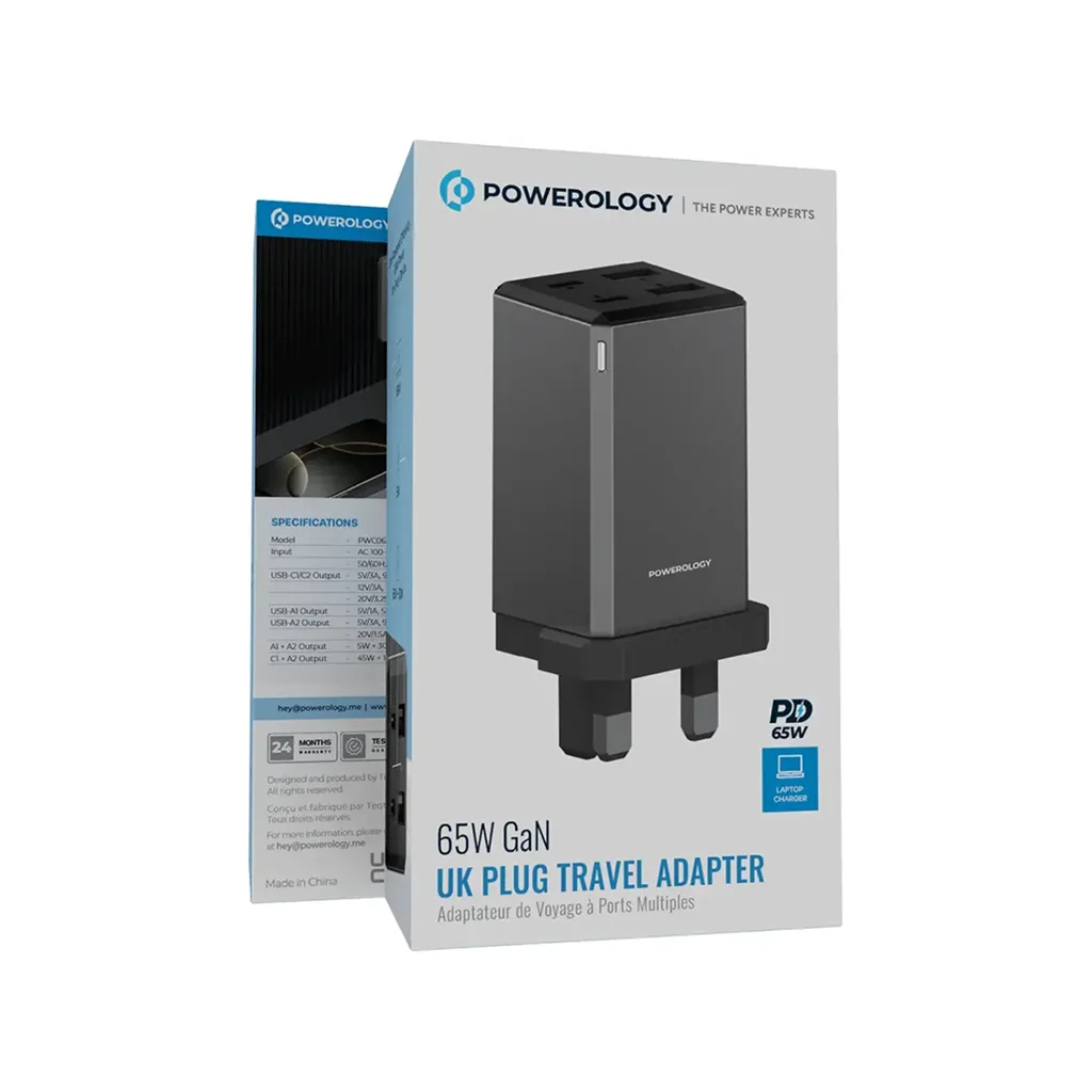Powerology 65W GaN UK Plug Travel Adapter