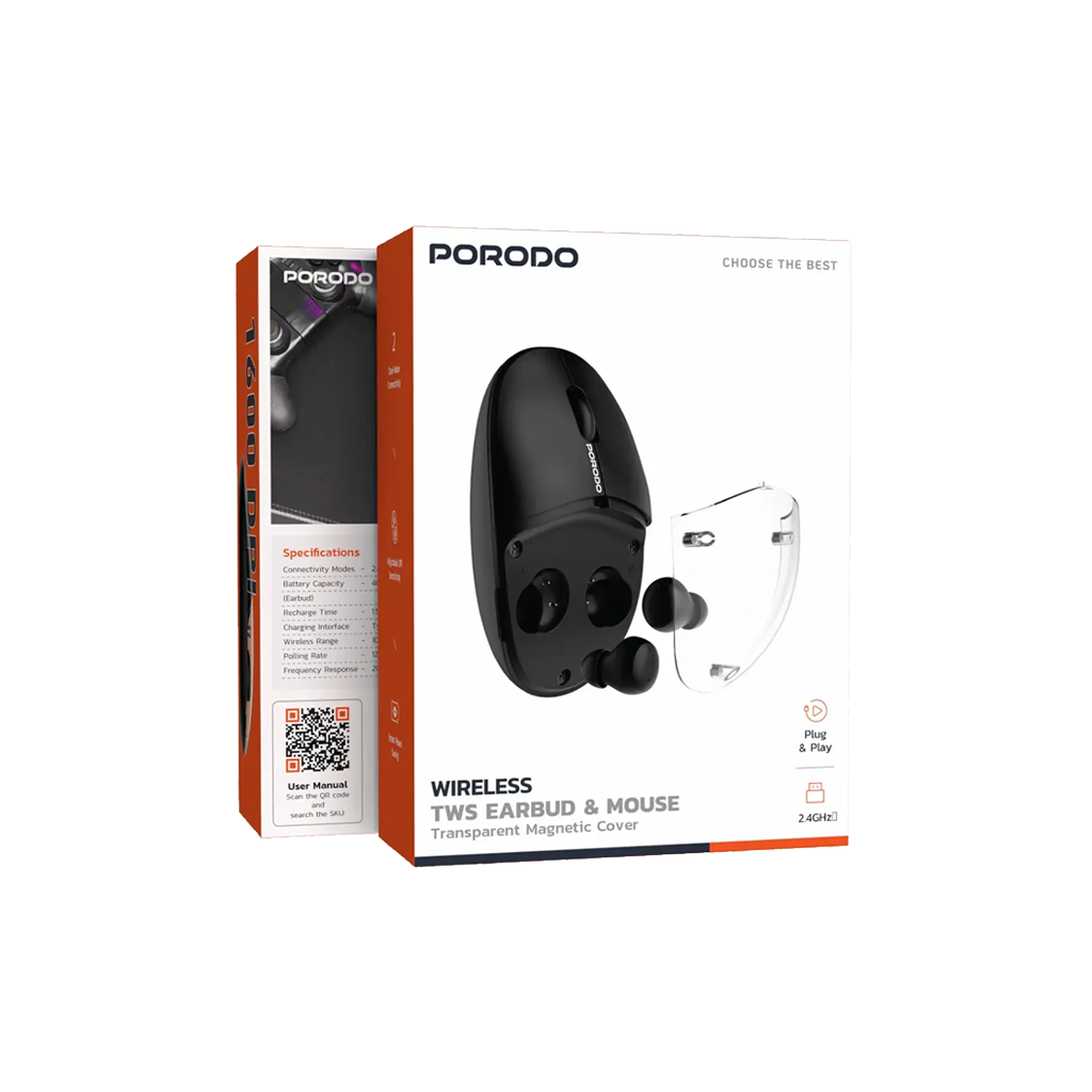 Porodo Wireless TWS Earbuds & Mouse with Transparent Magnetic Cover