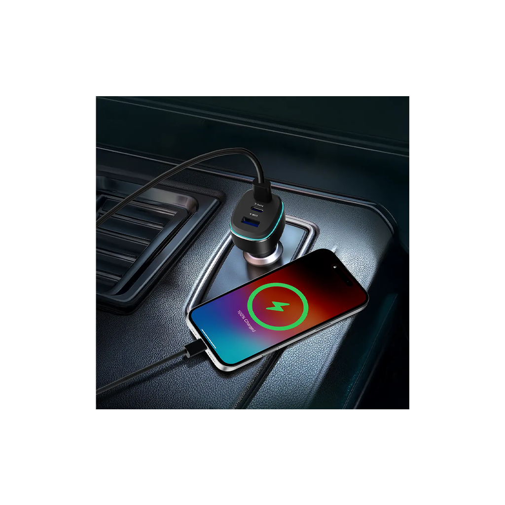 Powerology 140W Triple-Port High-Power Car Charger with USB-C Cable