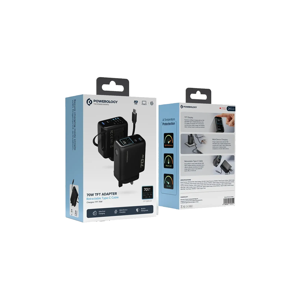 Powerology 70W TFT Adapter with Retractable Type-C Cable