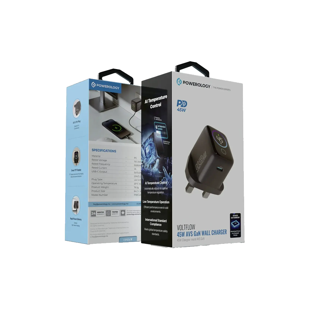 Powerology Voltflow 45W Type-C Adaptor With TFT Screen C To C Cable
