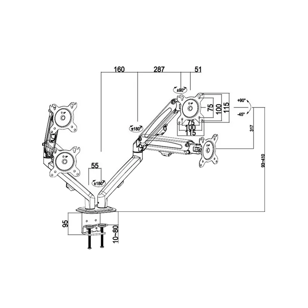 Adjustable Gas Spring Dual Monitor Arm (17"–27")
