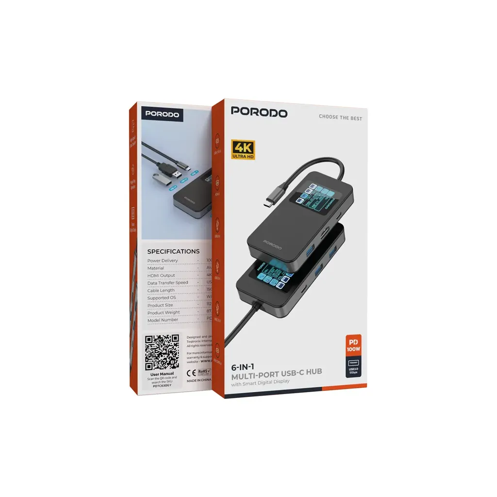 Porodo 6-In-1 Multi-Port USB-C Hub with Smart Digital Display - Gray 6.webp