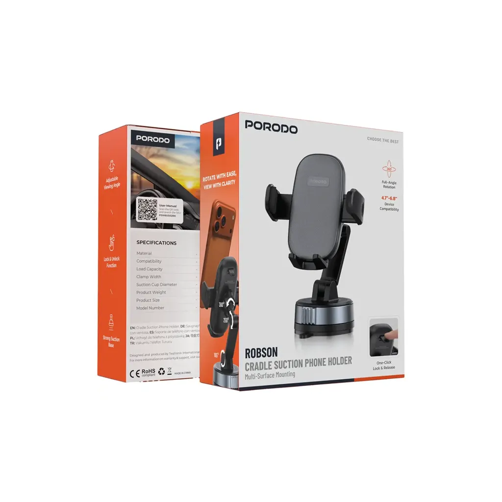 Porodo Robson Cradle Suction Phone Holder - Black 5.webp