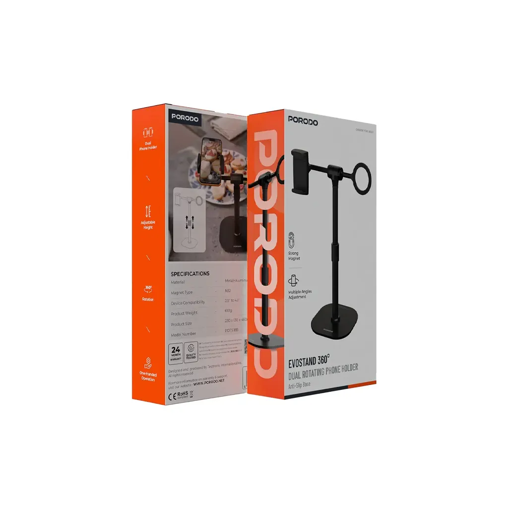Porodo Evostand 360° Dual Rotating Phone Holder with Anti-Slip Base - Black 5.webp