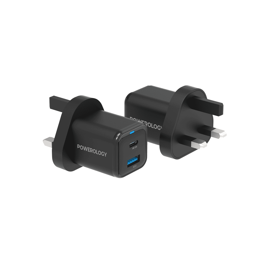 Powerology 35W Dual Port Compact Fast charger with braided USB C to C Cable