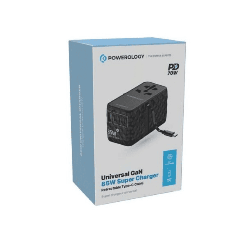 Powerology Universal Adapter 85W X3 Type C port and X 1 USB A 15W port with Attached type C cable