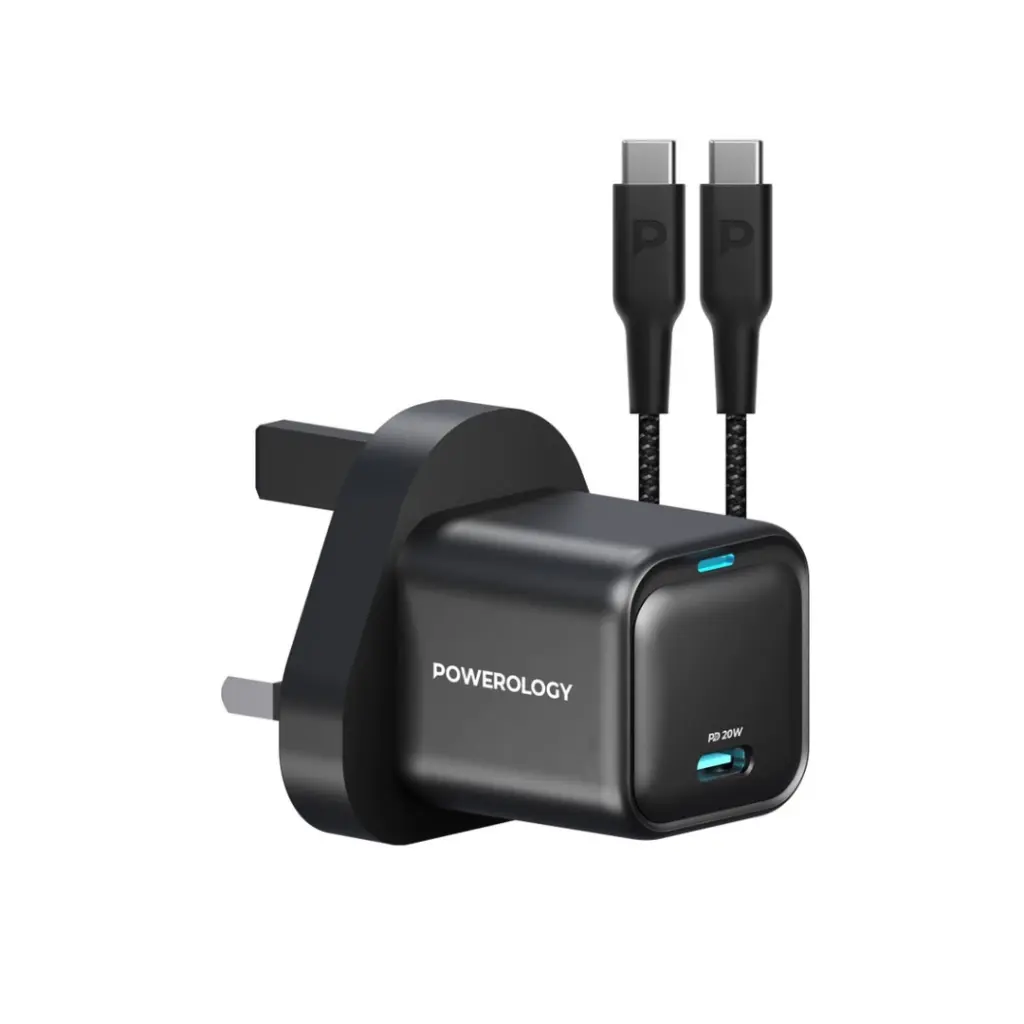 Powerology 20W Single C Port PD Charger UK with Type C to C 60W cable