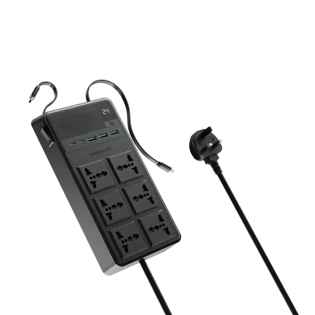 Powerology 2500W 6 AC Power Strip With Built-In Retractable Cables