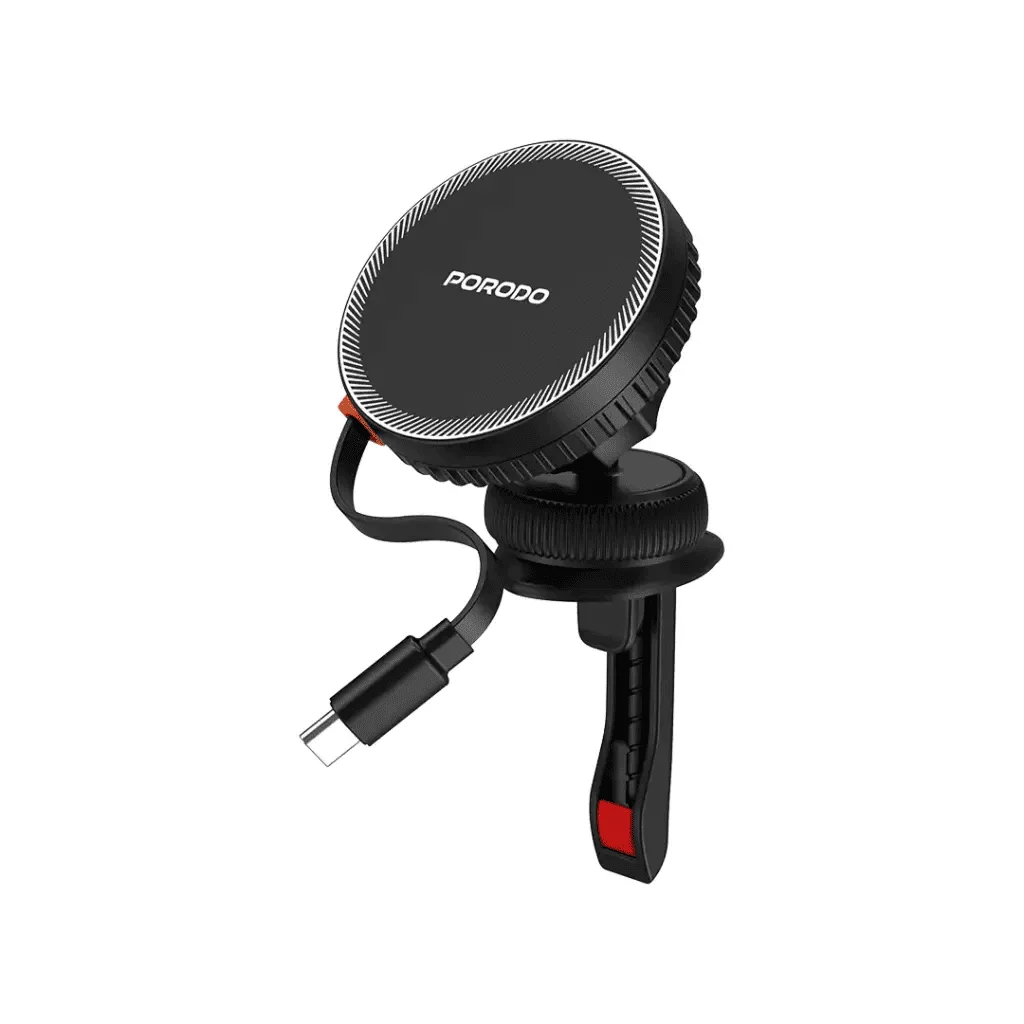 Porodo 15W Retractable Magnetic Wireless Car Charger with Type-C Cable