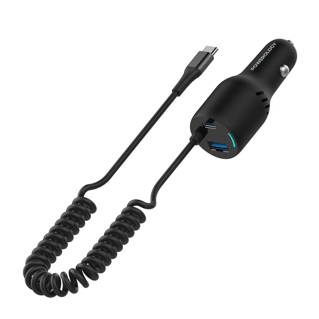 Powerology PD 45W+QC18W+Type C Cable 35W LED Dual Ports Car Charger With Coiled Cable
