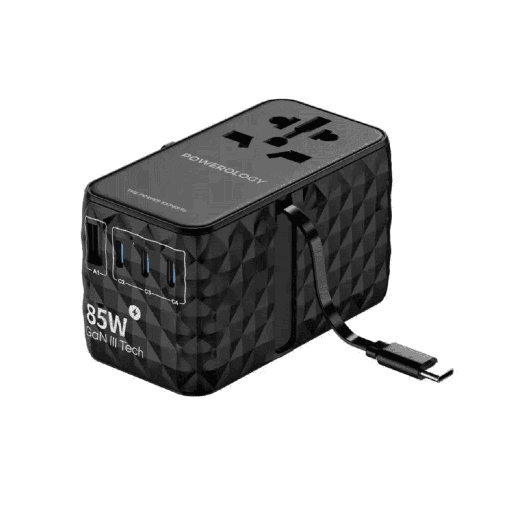 Powerology Universal Adapter 85W X3 Type C port and X 1 USB A 15W port with Attached type C cable