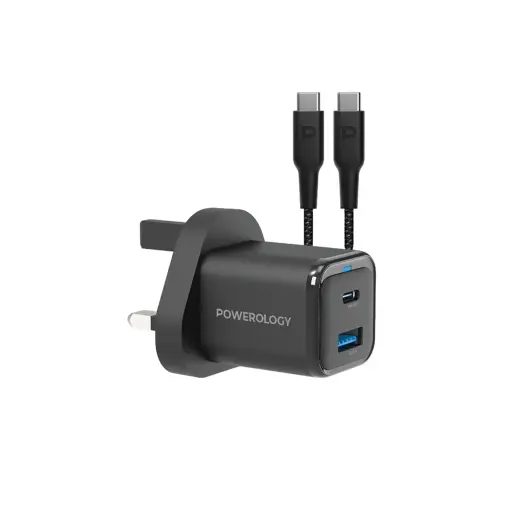 Powerology 35W PD QC 1xUSB-C 35W and 1xUSB-A 18W GaN Charger UK -with Type C to C Cable 60W